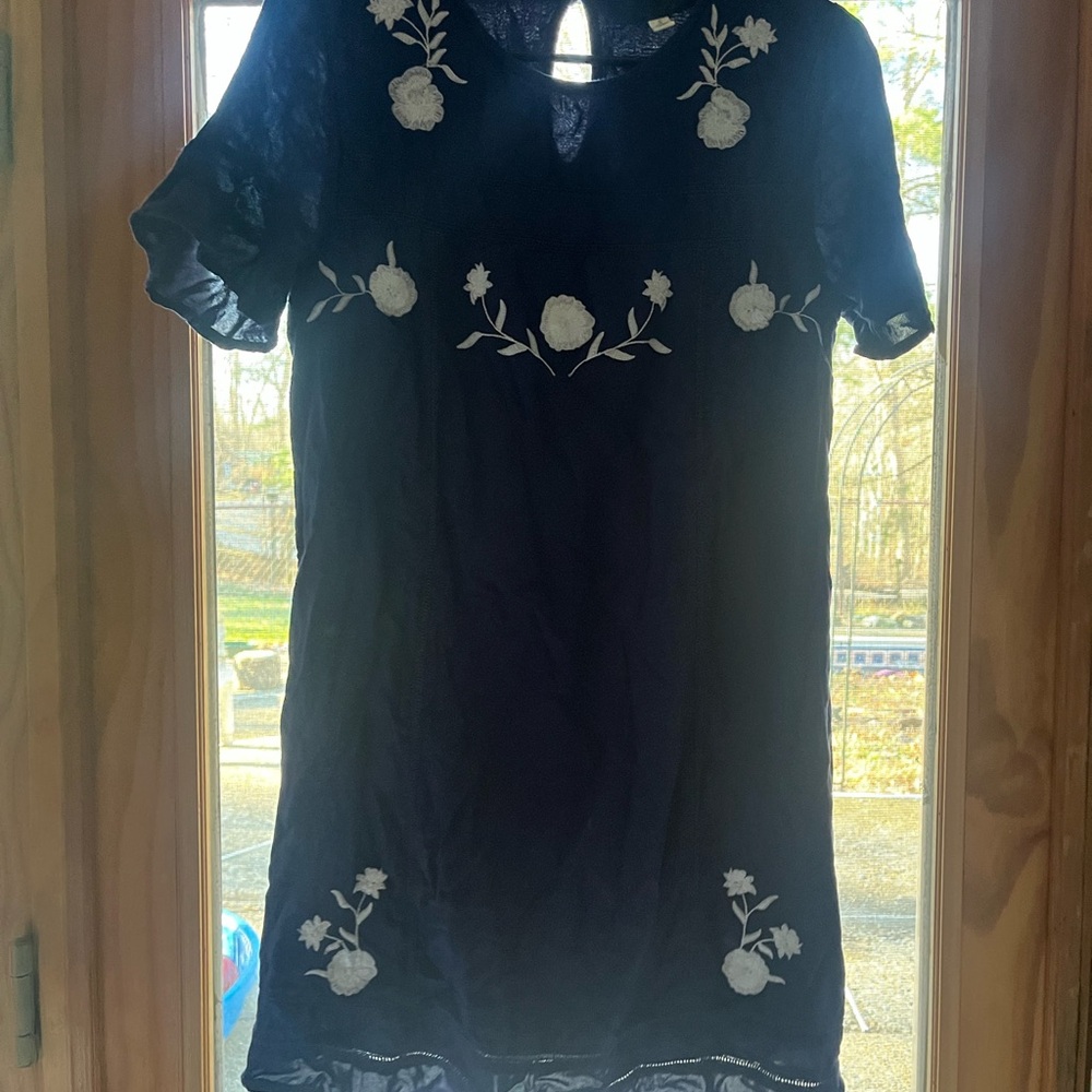 Navy Dress with White Floral Embroidery